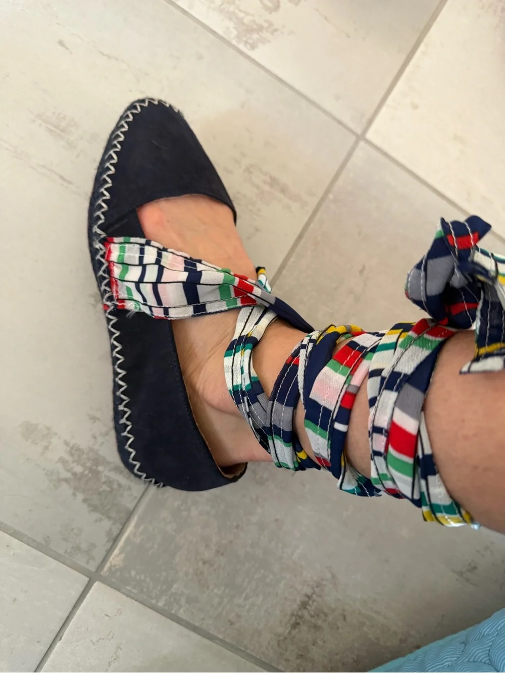 Zara Women's Navy Espadrille Wrap Flats with Multicolor Scarf Ties New Size 36